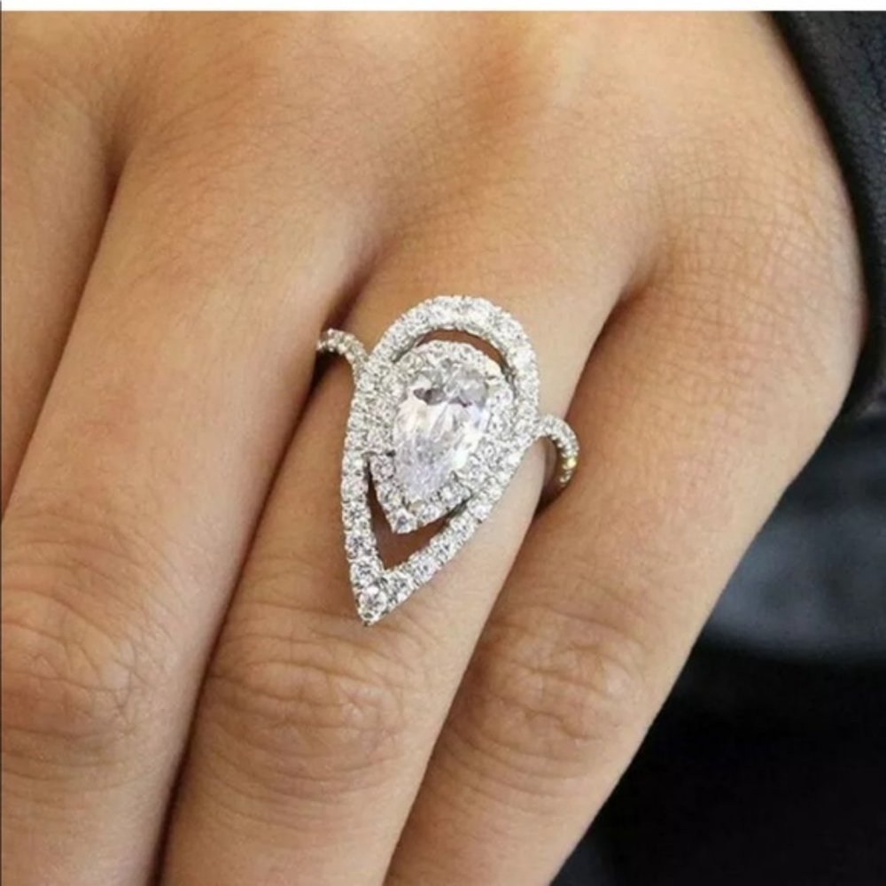 NEW 925 Silver Teardrop Pear Cut Double Halo Ring - Picture 8 of 9